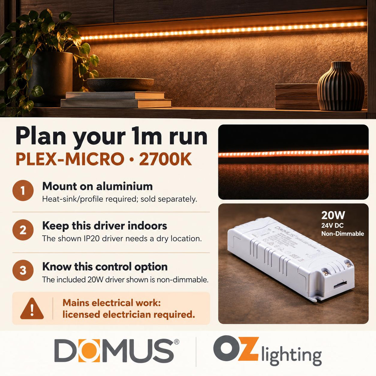 Domus PLEX-MICRO 1m 2700K LED strip and driver bundle — practical advice