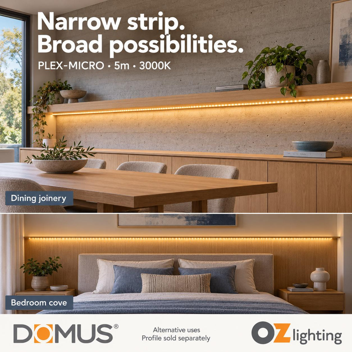 Domus PLEX-MICRO 5m 3000K LED strip and driver bundle — marketing
