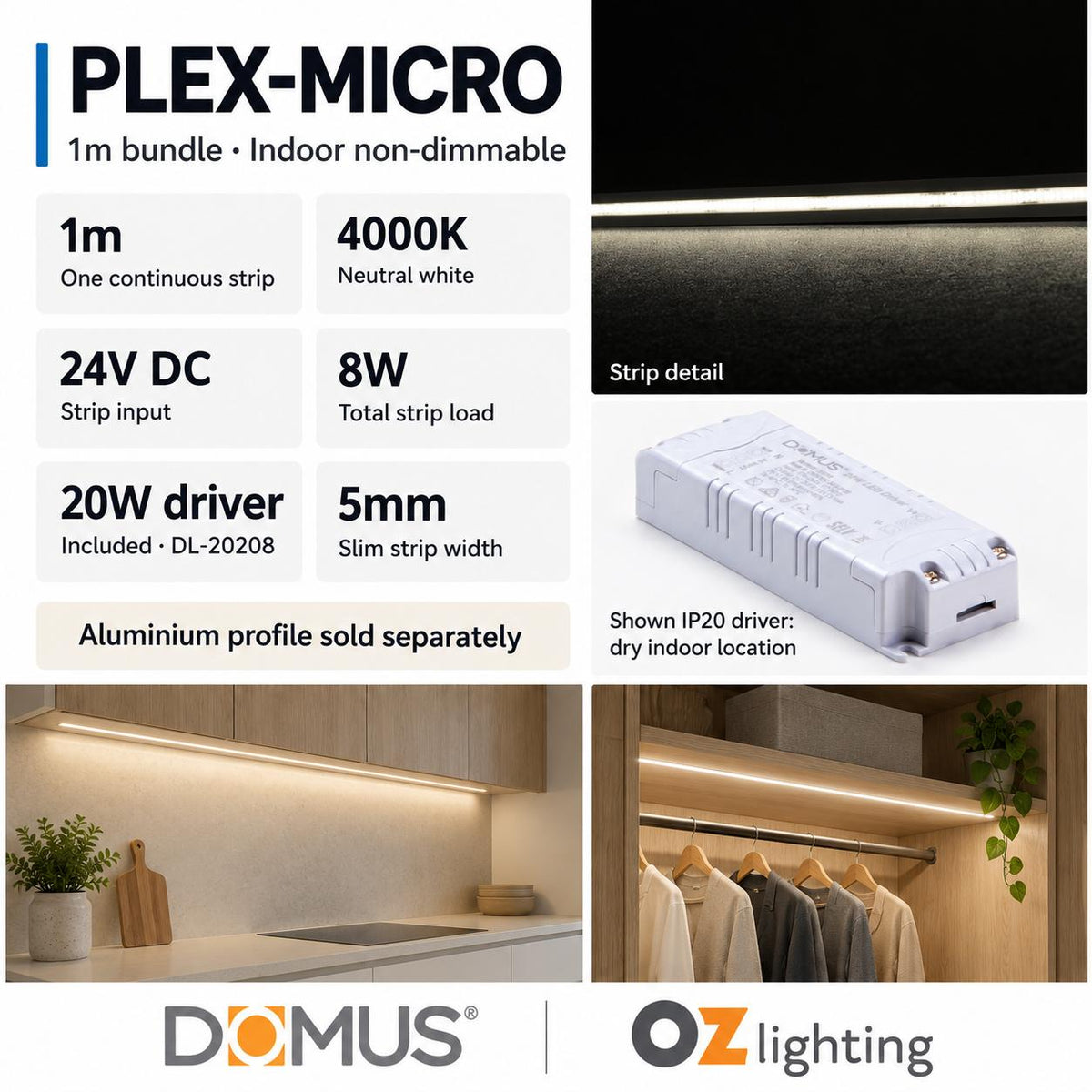 Domus PLEX-MICRO 1m 4000K LED strip and driver bundle — product details