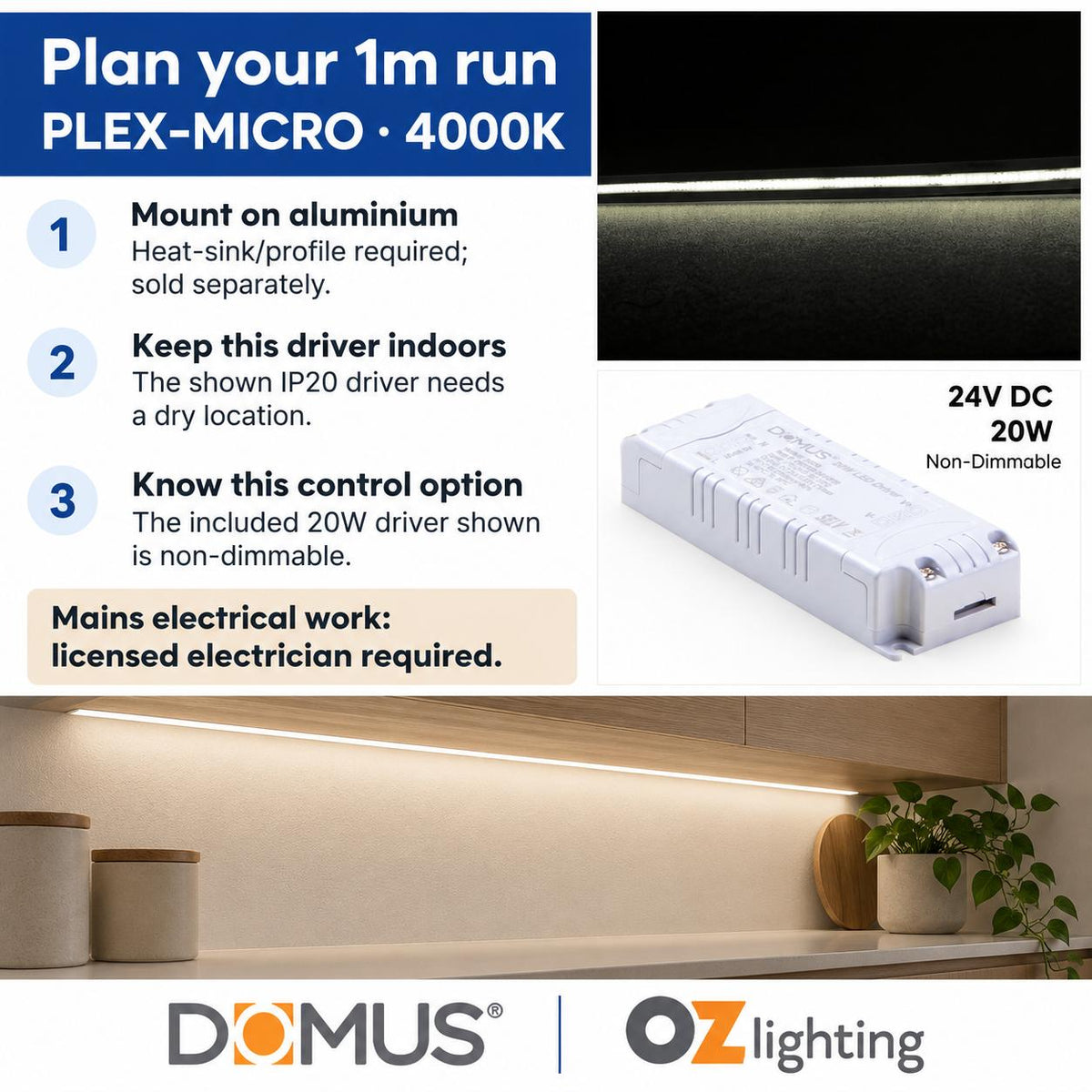 Domus PLEX-MICRO 1m 4000K LED strip and driver bundle — practical advice