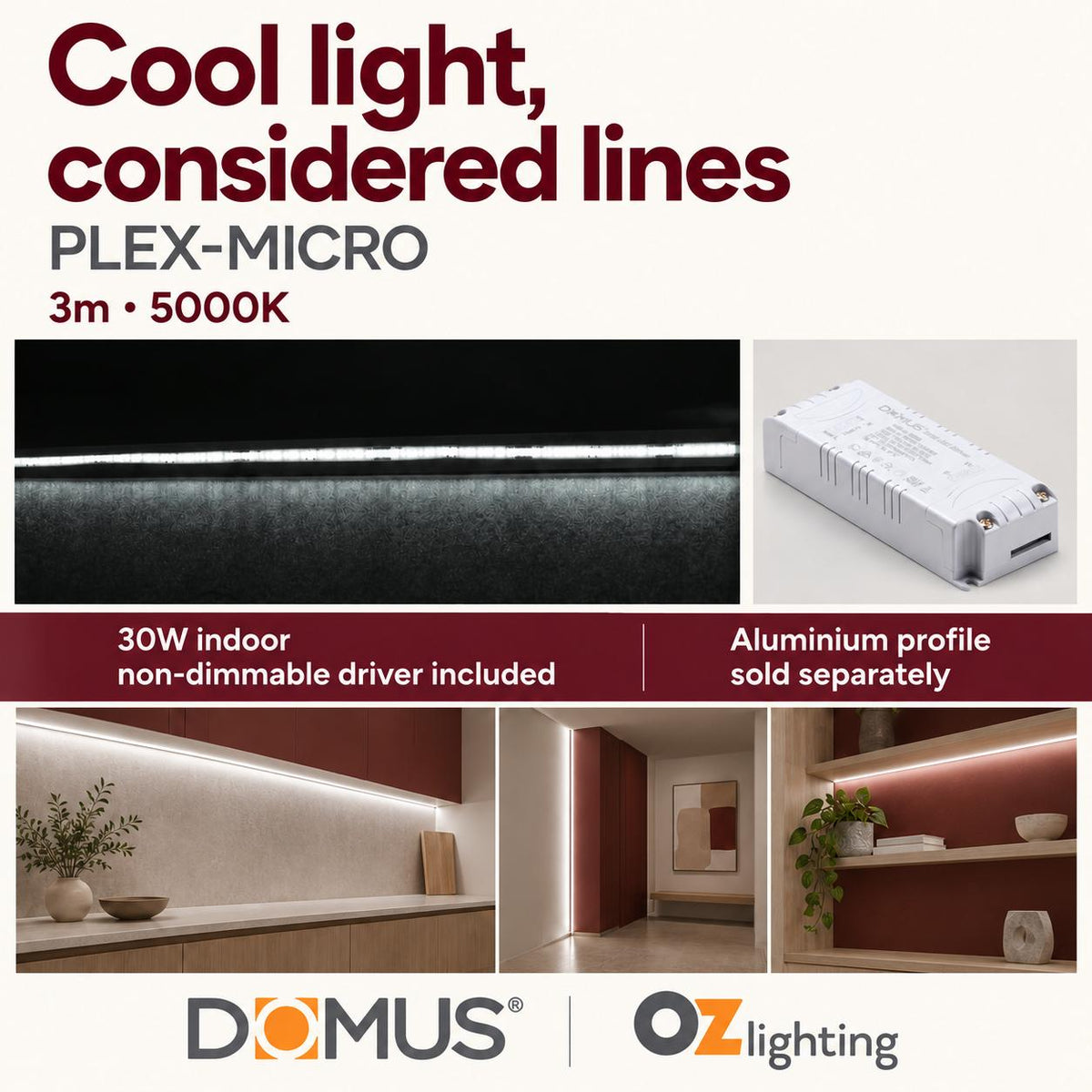 Domus PLEX-MICRO 3m 5000K LED strip and driver bundle — hero