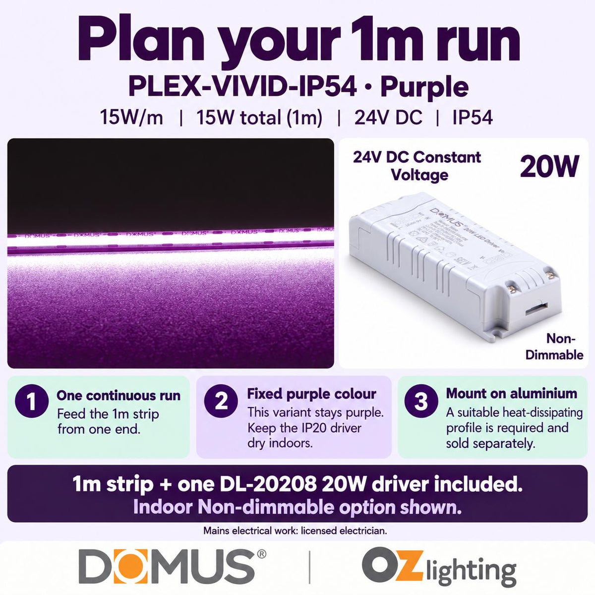 Domus PLEX-VIVID-IP54 1m Purple LED strip and driver bundle — practical advice