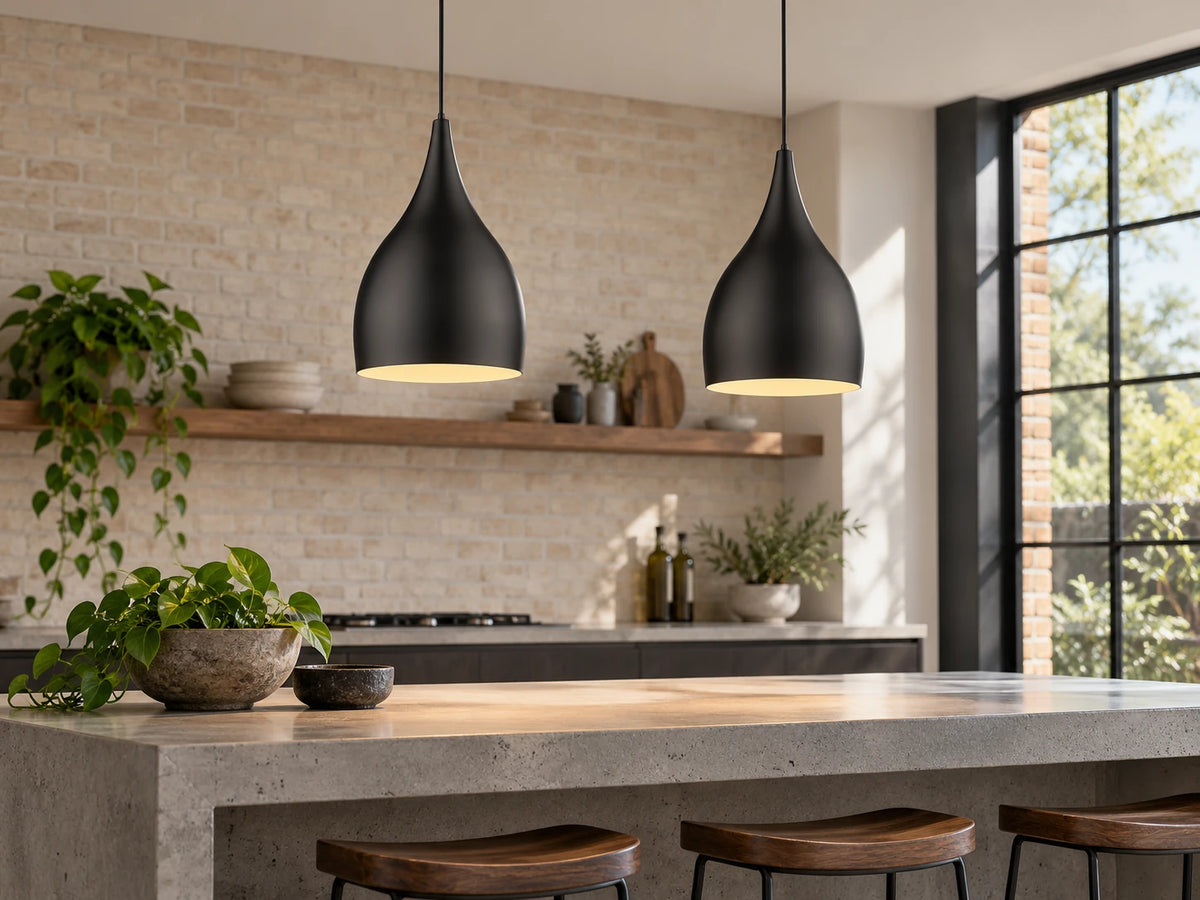 Industrial kitchen with two matte black Domus JADE-240 pendants above a concrete island