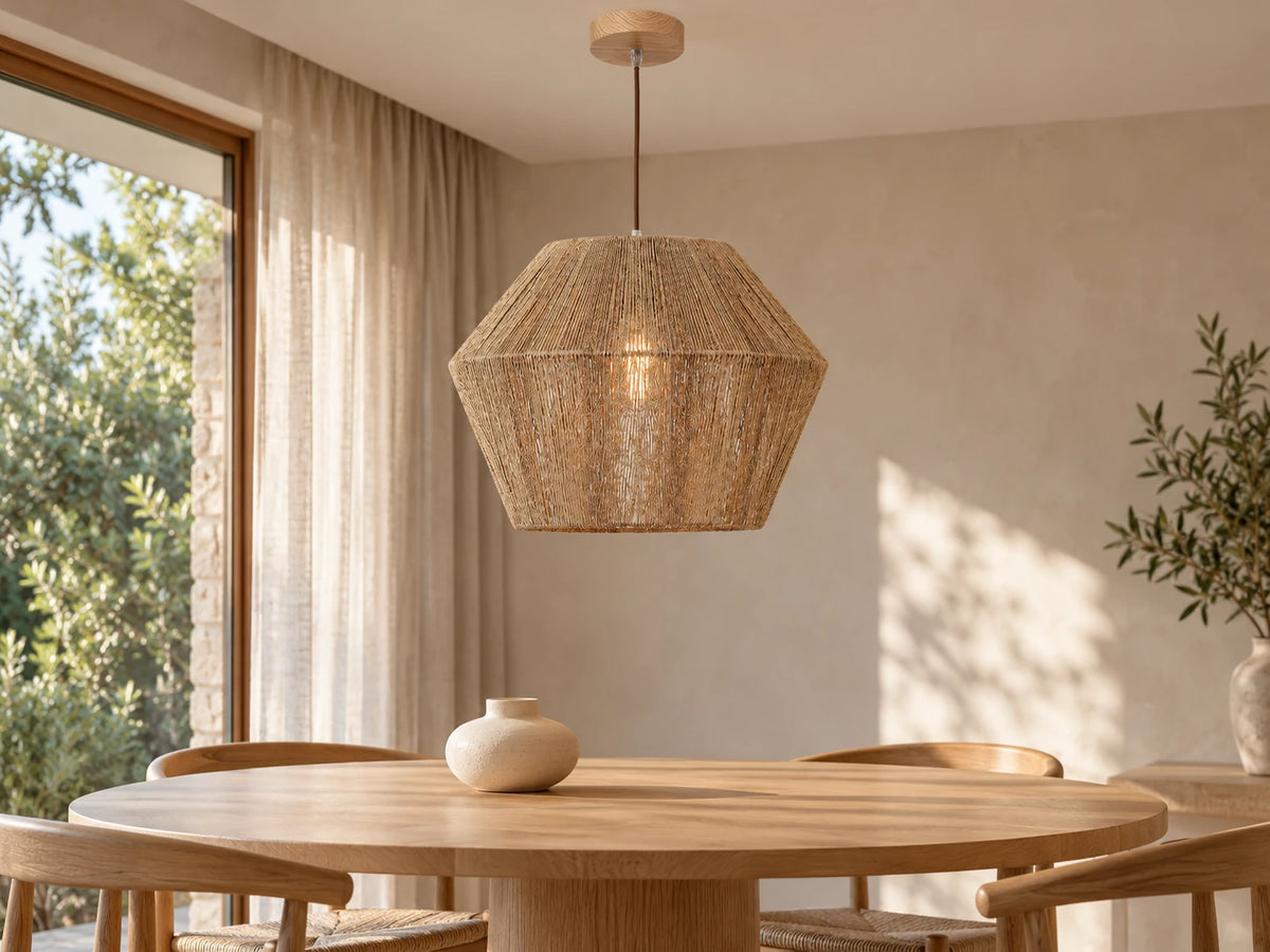 Natural interior with a woven Cougar CASSIE pendant above a pale oak dining table
