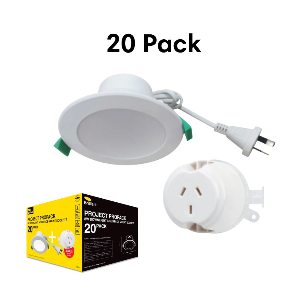 Brilliant PROJECT PROPACK-20PK LED Downlight Kit - 8W Tri-Colour Dimmable Flat Face, Socket IP44, 20 Pack-Brilliant Lighting-Ozlighting.com.au
