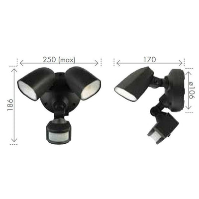 Brilliant SHIELDER - 2x10W LED Twin Head Adjustable Exterior PC Spotlight With Sensor IP54 - 4200K-Brilliant Lighting-Ozlighting.com.au