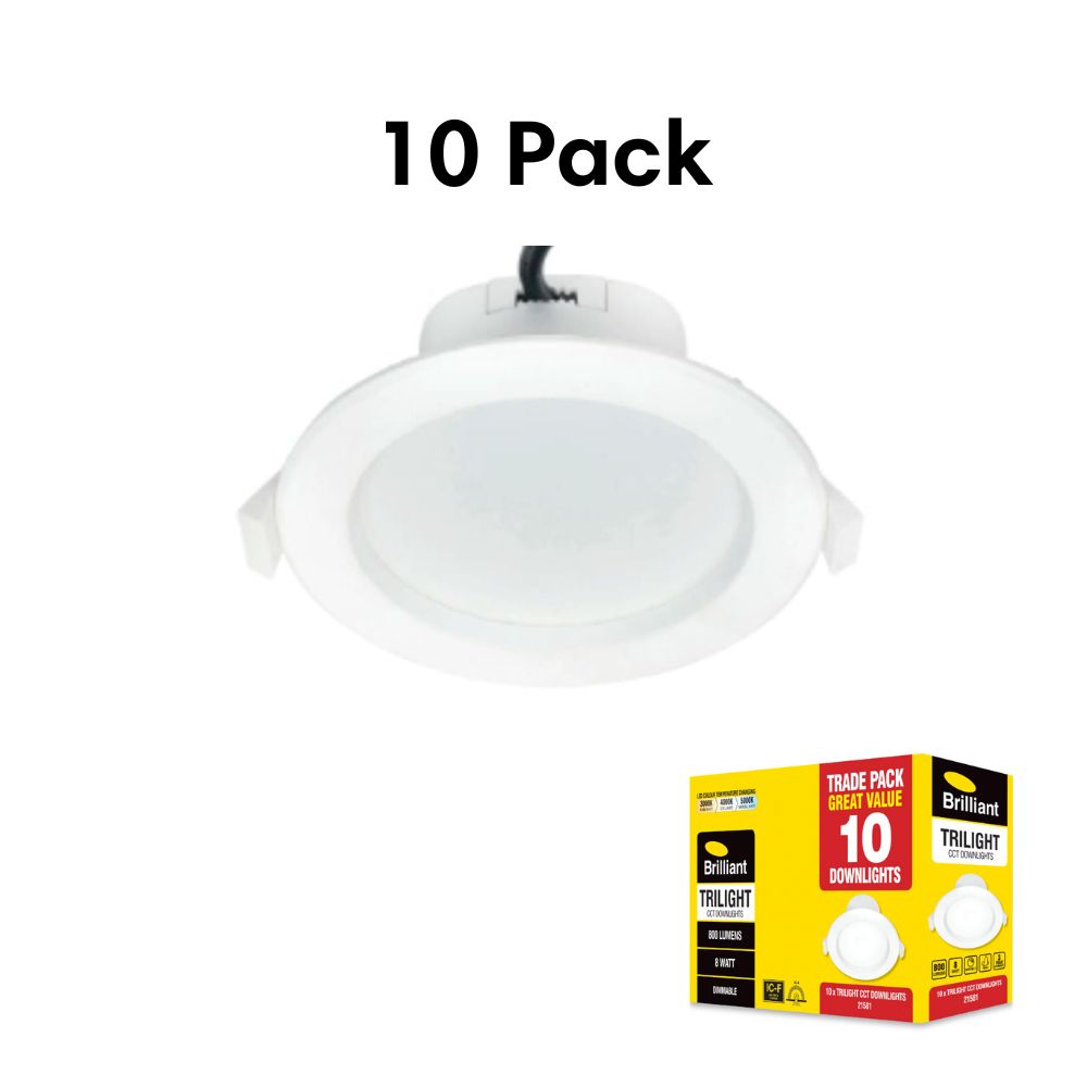 Brilliant TRILIGHT-10PK LED Downlight - 8W Tri-Colour Dimmable Deep Face, IP44, 10 Pack-Brilliant Lighting-Ozlighting.com.au