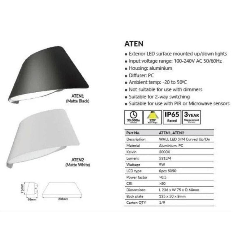 CLA ATEN - 9W LED Modern Exterior Up/Down Wall Light IP65 - 3000K-CLA Lighting-Ozlighting.com.au