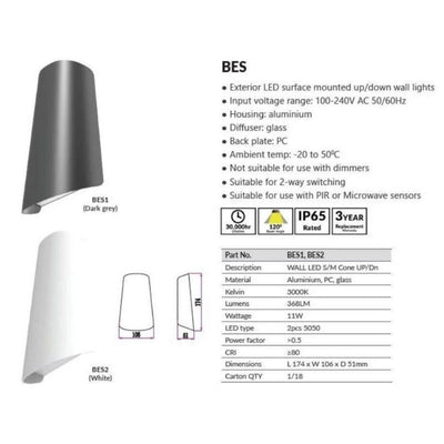 CLA BES - 11W LED Modern Exterior Up/Down Wall Light IP65 - 3000K-CLA Lighting-Ozlighting.com.au
