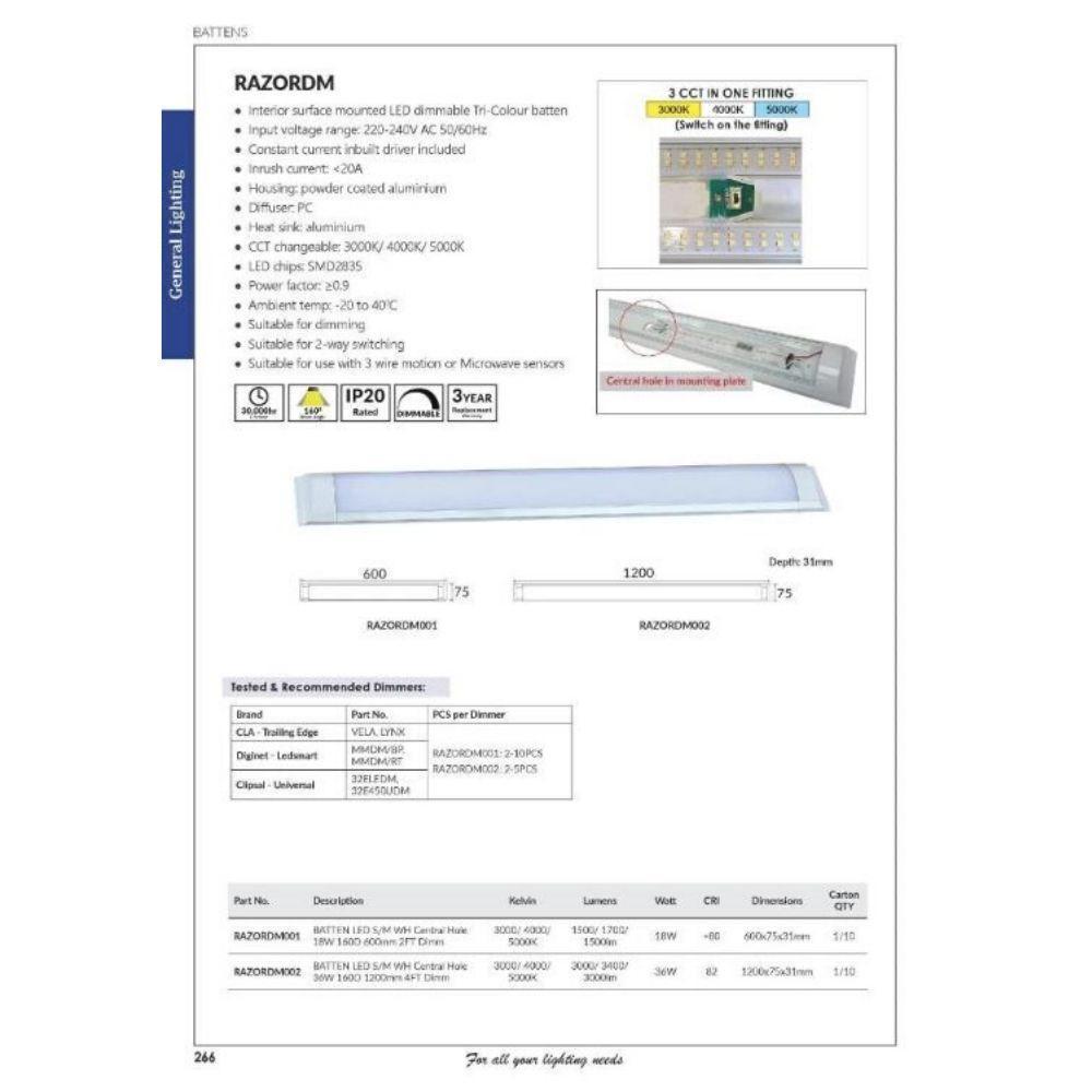 CLA RAZOR-DM LED Batten Light - Tri-Colour, Colour Switchable-CLA Lighting-Ozlighting.com.au