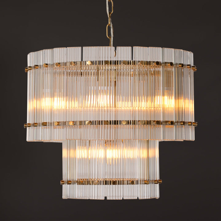 Cafe Lighting PALOMA - 9 Light 56cm Reeded Clear Glass Panel 2-Tier Pendant - Brass-Cafe Lighting-Ozlighting.com.au