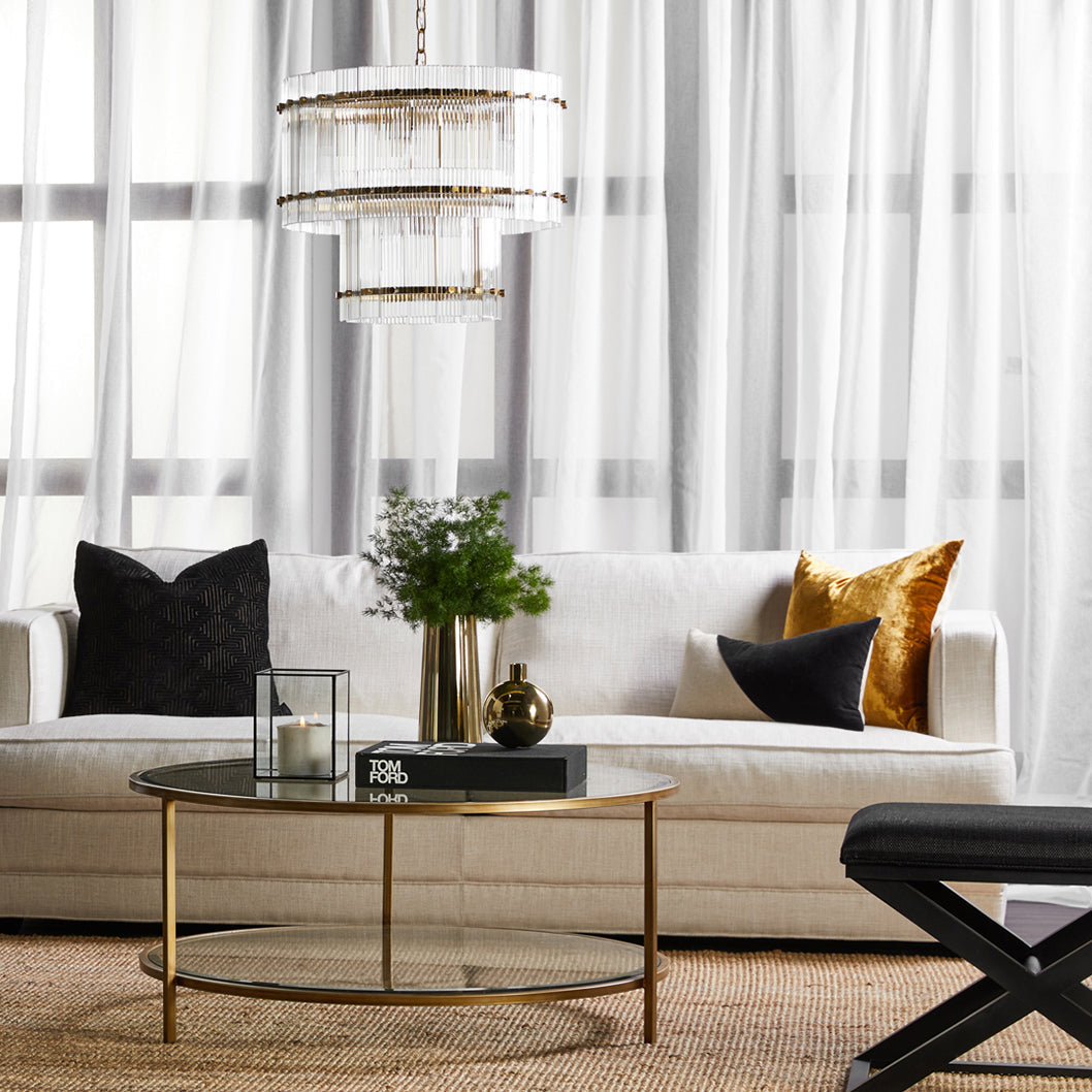 Cafe Lighting PALOMA - 9 Light 56cm Reeded Clear Glass Panel 2-Tier Pendant - Brass-Cafe Lighting-Ozlighting.com.au