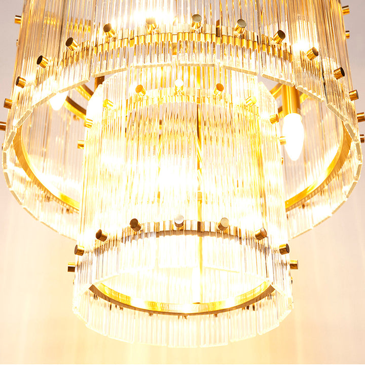 Cafe Lighting PALOMA - 9 Light 56cm Reeded Clear Glass Panel 2-Tier Pendant - Brass-Cafe Lighting-Ozlighting.com.au
