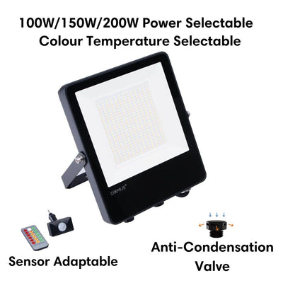 Domus BLAZE-PRO - 100/150/200W LED Tri-Colour Power Selectable Sensor Adaptable Medium Size DIY Floodlight IP66-Domus Lighting-Ozlighting.com.au