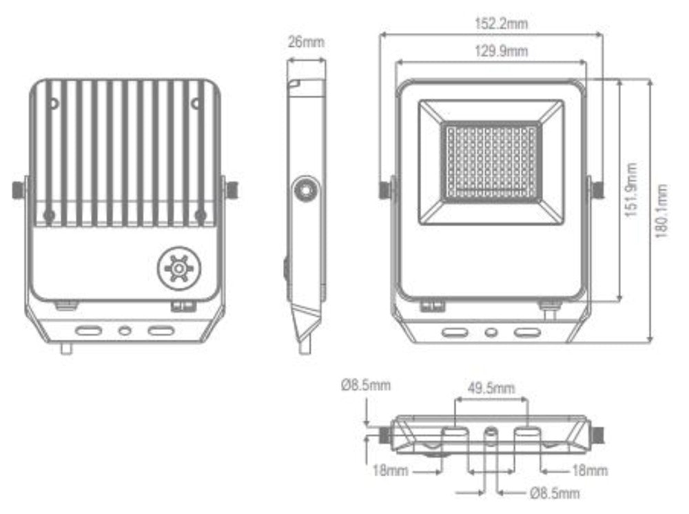 Domus BLAZE-PRO-50 LED Floodlight - 20/30/50W, Tri-Colour, Power Selectable, DIY, IP66, White, Sensor-Domus Lighting-Ozlighting.com.au