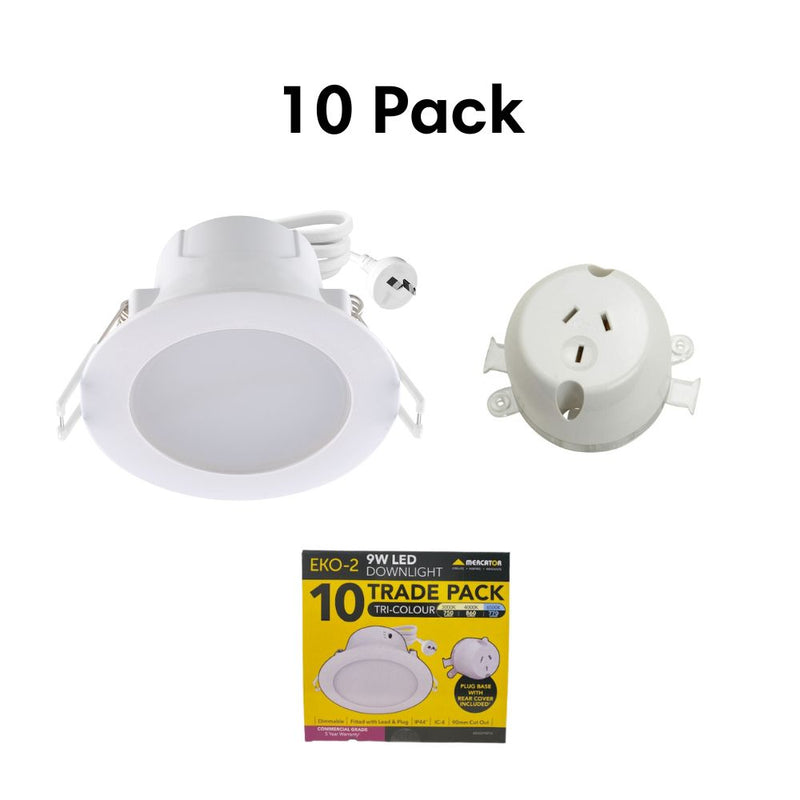 Mercator EKO-2 - 9W LED Tri-Colour Dimmable Round Flat Face PC Downlight Kit With Socket IP44 - 10 Pack-Mercator-Ozlighting.com.au