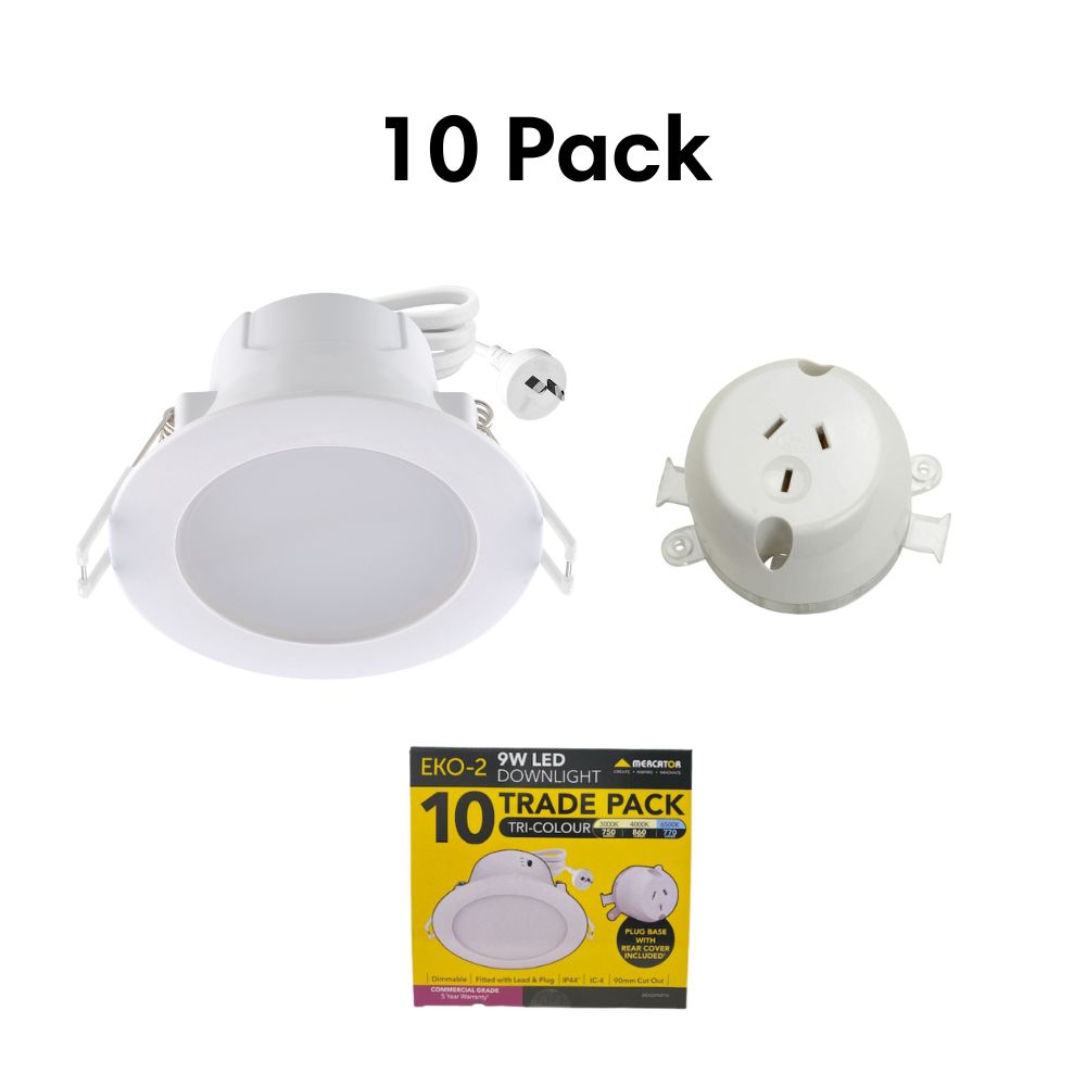 Mercator EKO-2 LED Downlight Kit - 9W Tri-Colour Dimmable Round Flat Face PC, Socket IP44, 10 Pack-Mercator-Ozlighting.com.au